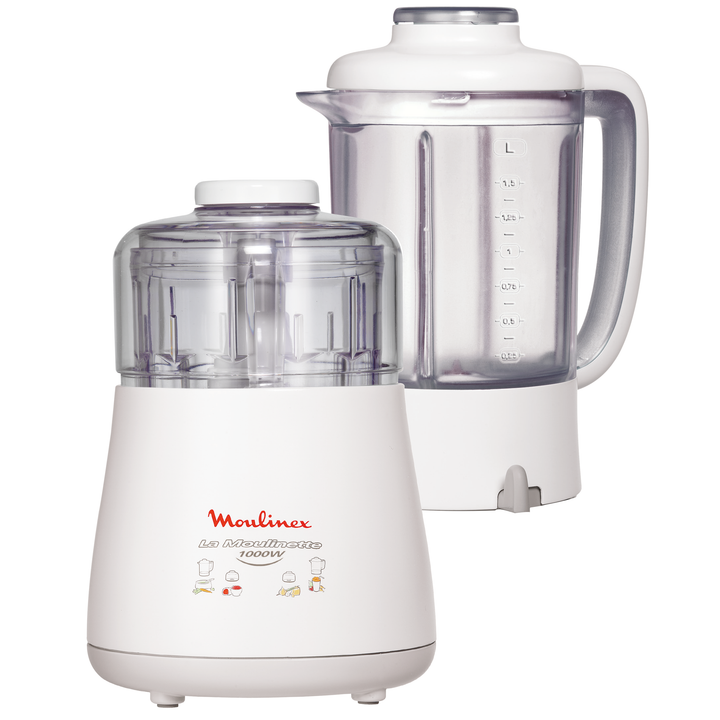 PACK MOULINETTE BOL EN PLASTIQUE 0,33L 1000W &amp; BLENDER 2L BLANC DPA241 Moulinex