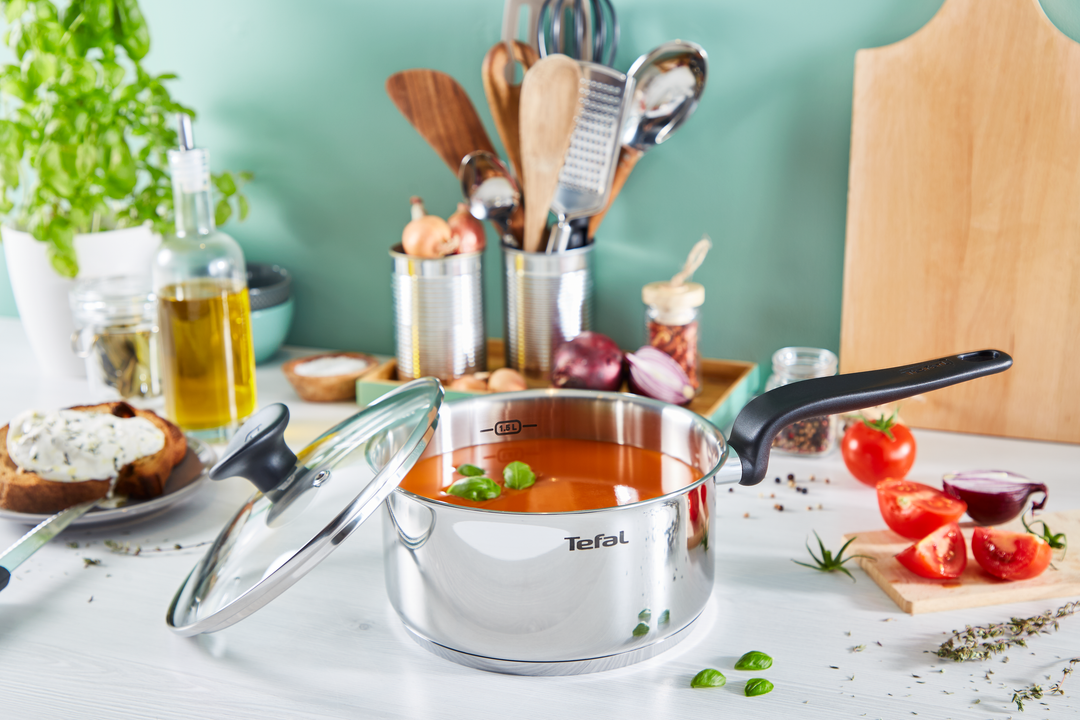 SET 6 PIECES PRIMARY INOX Casserole 16 cm + Faitouts 18/20 cm + couvercles en verre E308S674 Tefal