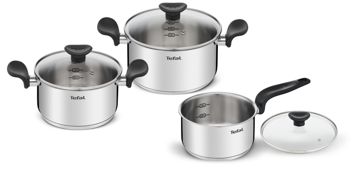 SET 6 PIECES PRIMARY INOX Casserole 16 cm + Faitouts 18/20 cm + couvercles en verre E308S674 Tefal