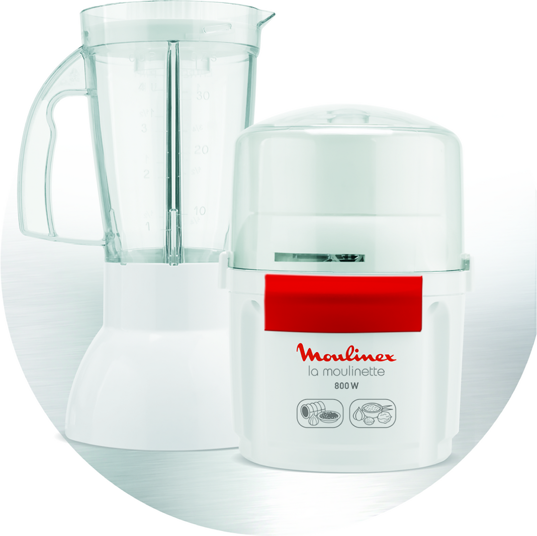 PACK MOULINETTE BOL EN PLASTIQUE 0,25L &amp; BLENDER 1,25L 800W BLANC AR680120 Moulinex
