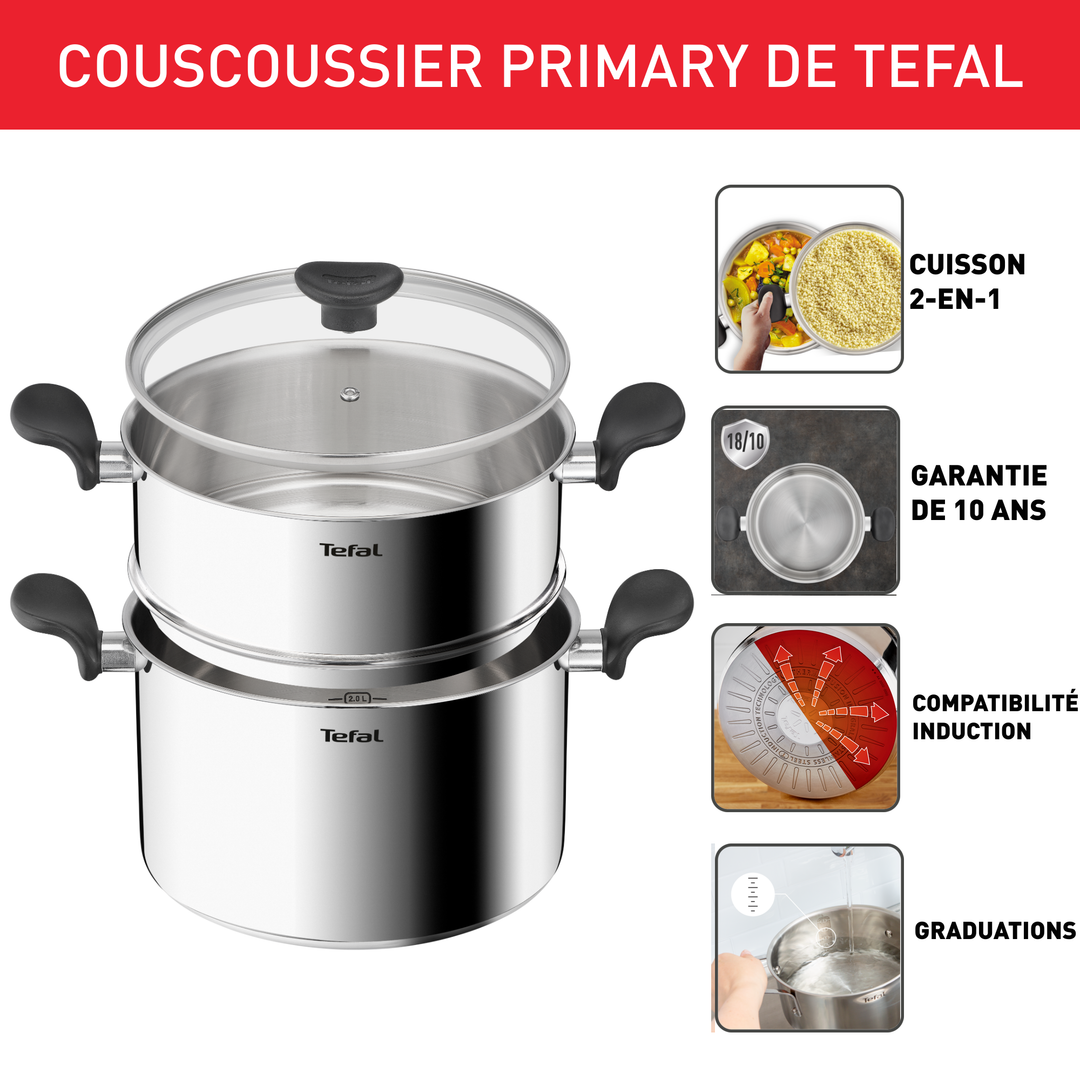 Couscoussier Inox Tefal Primary 24cm avec Couvercle Verre