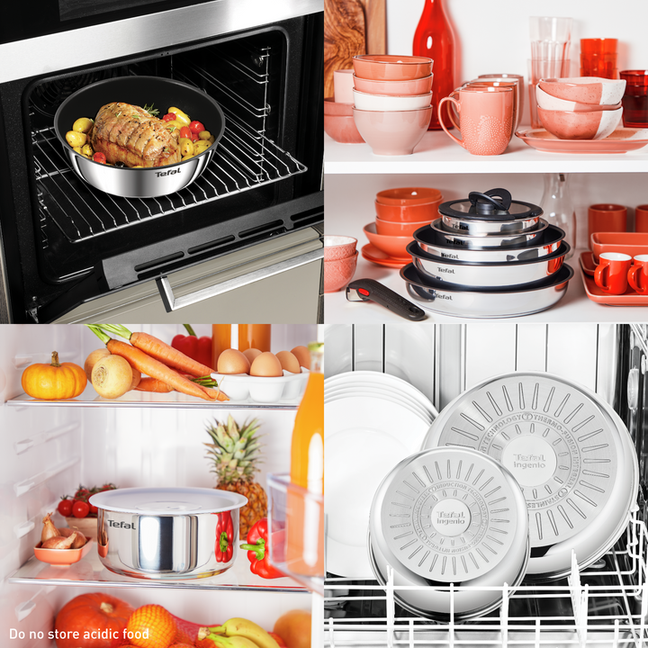 BATTERIE DE CUISINE INOX 8PCS INGENIO COOK EAT L881S804 TEFAL (SET 2 C16/18 + SET 3 P22/24/26 + 1 POIGNEE AMOVIBLE+ 2 Couvercles hermetiques 16/18)