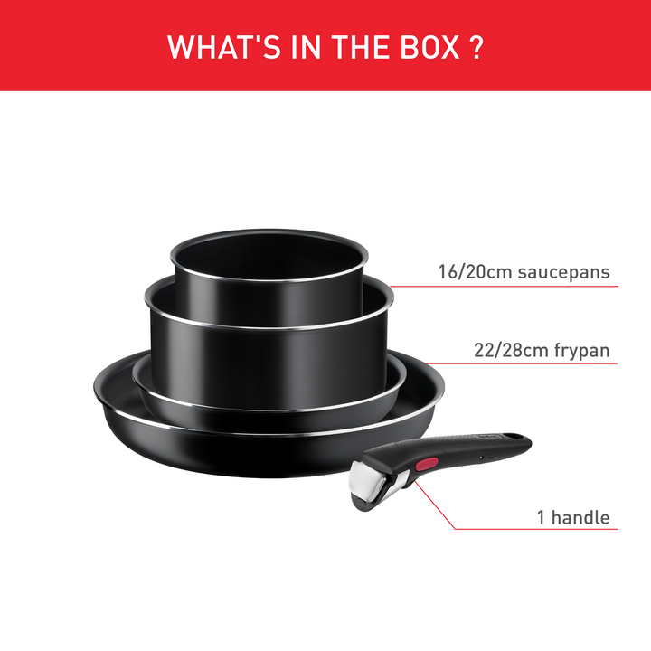 BATTERIE DE CUISINE 5P INGENIO EASY C&amp;C NOIR L1549043 TEFAL (2 P22/28 cm + 2 C16/20 cm + 1 poignée amovible)