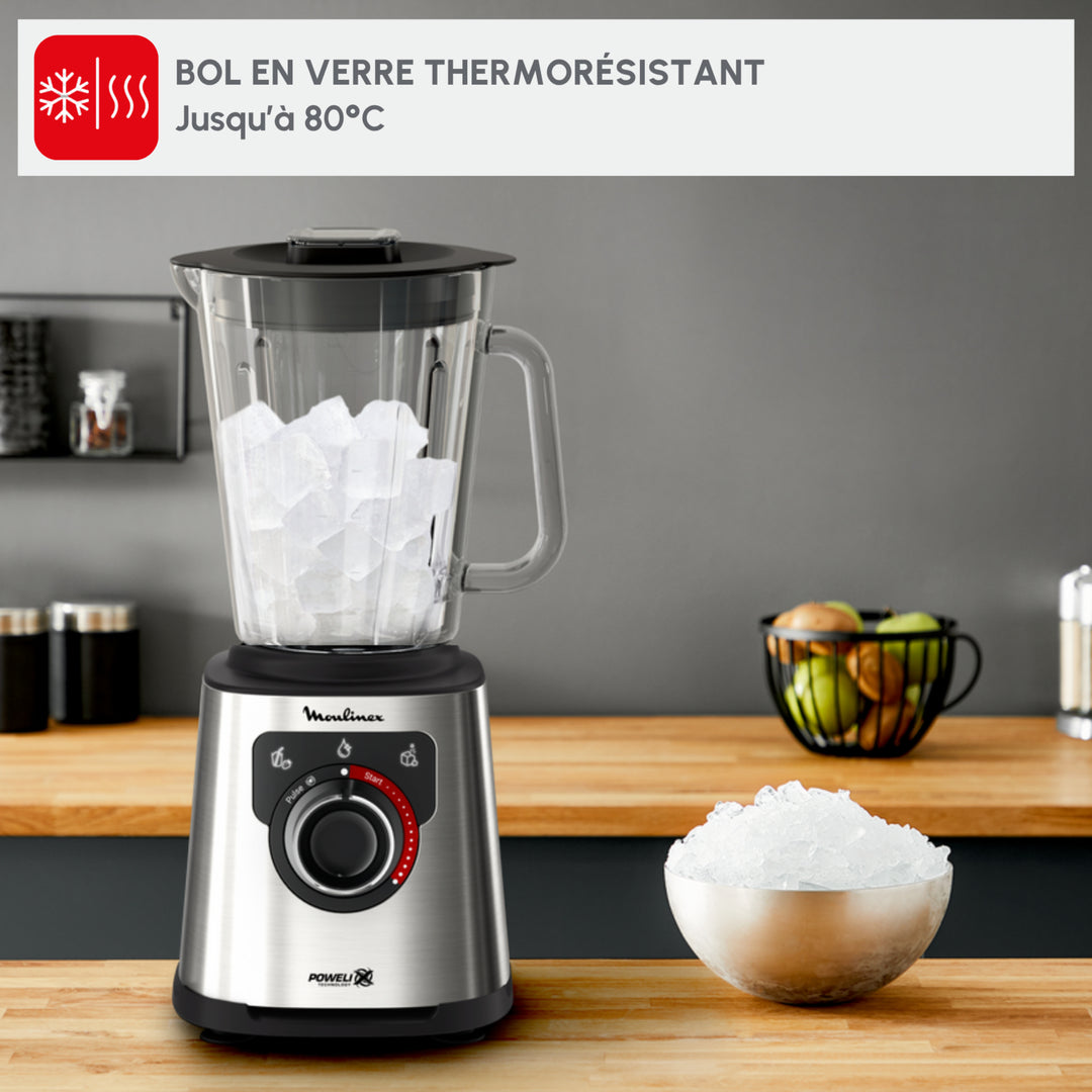 BLENDER PERFECTMIX+ BOL EN VERRE 2L 1200W AVEC NETTOYAGE AUTOMATIQUE SILVER/NOIR LM871D10 Moulinex