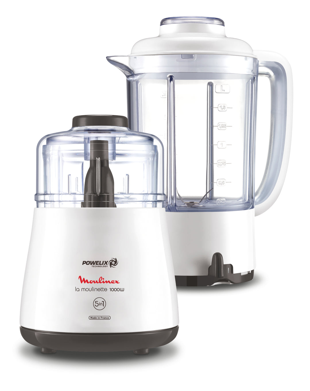 PACK MOULINETTE BOL EN PLASTIQUE 0,33L 1000W &amp; BLENDER 2L BLANC DPA241 Moulinex