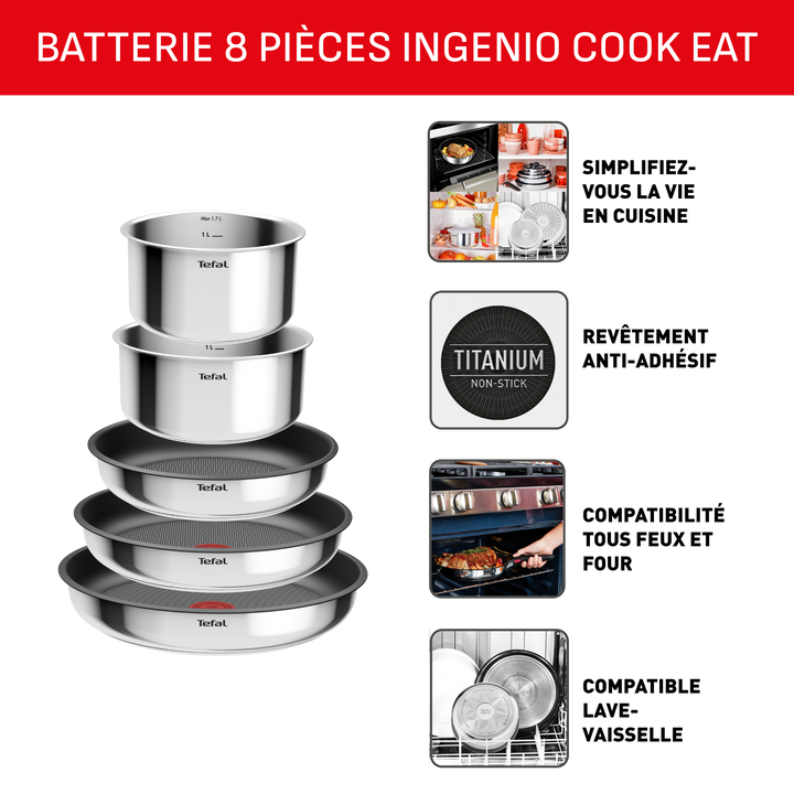 BATTERIE DE CUISINE INOX 8PCS INGENIO COOK EAT L881S804 Tefal